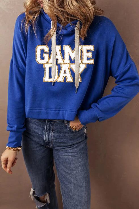 "Game Day" Dark Blue Print Hoodie - Celes Fashion